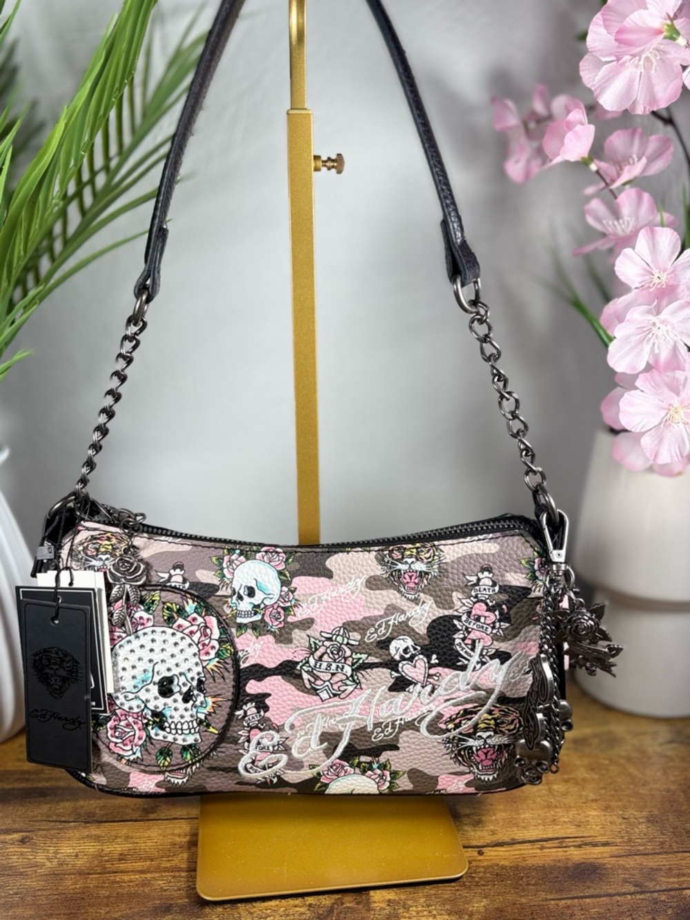 Ed Hardy Pink Camouflage Skull & Rose Chain Shoulder Bag
